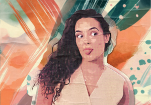 Sophie Rutstein Ansari with a painterly background.