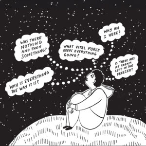 Illustration from Cosmic tree, boy in hoodie sitting on hill looking at stars