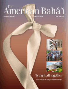 Cover of "The American Bahá’í" magazine, Volume 55, Number 3, May/June 2024. The background fades from deep purple at the top to warm reddish-brown at the bottom. A large beige ribbon is tied in a simple knot at the center, symbolizing unity. Three small photos on the right side show: a man organizing art in a gallery, a diverse group of people gathered outdoors, and the Bahá’í House of Worship in Wilmette, Illinois. The text reads: "Tying it all together – What Bahá’ís are doing to improve society." The website bahai.us/stories appears under the title.