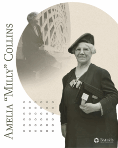 Amelia “Milly” Collins, with a sepia tone image of herself next to the Houst of Worship