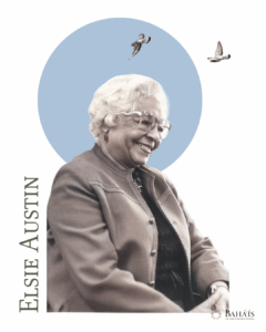 Elsie Austin, with a blue circle behind head with dove flying over