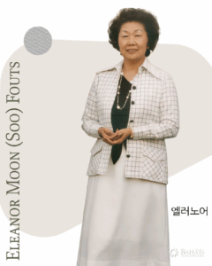 Eleanor Moon (Soo) Fouts with a tan graphic behind her.