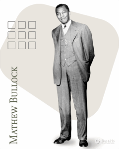 Mathew Bullock, with a tan graphic behind him