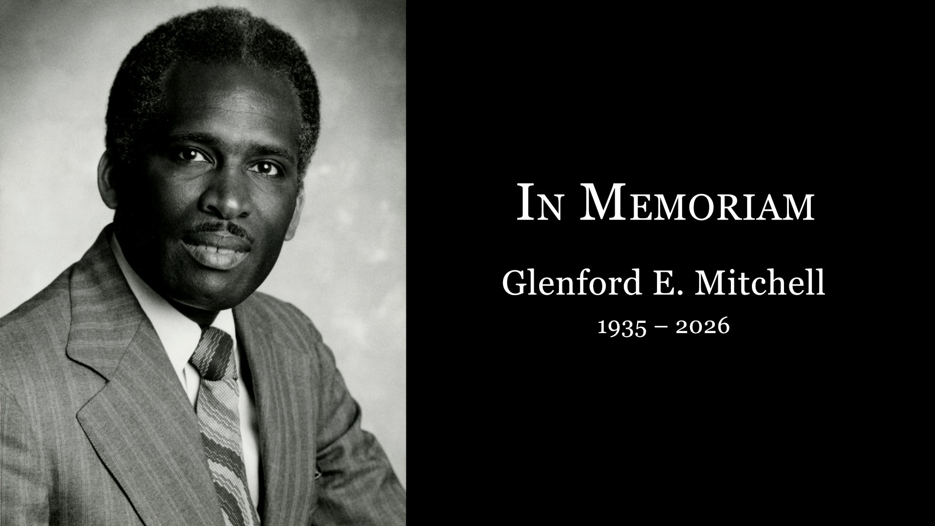 Black and White image of Glenford Mitchell with text reading "In Memorium 1935-2026"